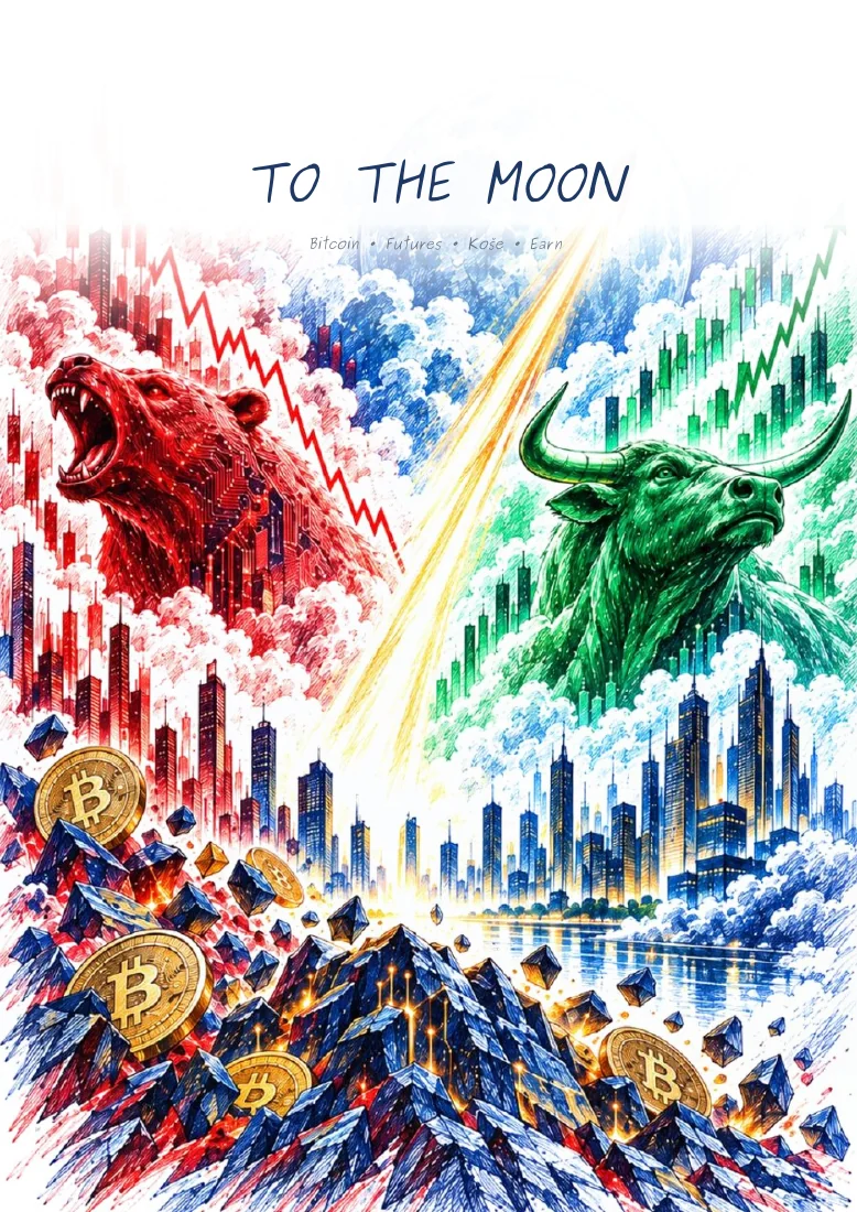 Skutečná obálka knihy TO THE MOON, červený medvěd a zelený býk mezi burzovními grafy
